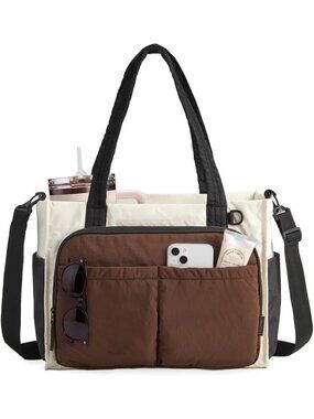 Brown Large Puffy Tote Bag for Women - Stylish Laptop Shoulder Handbag